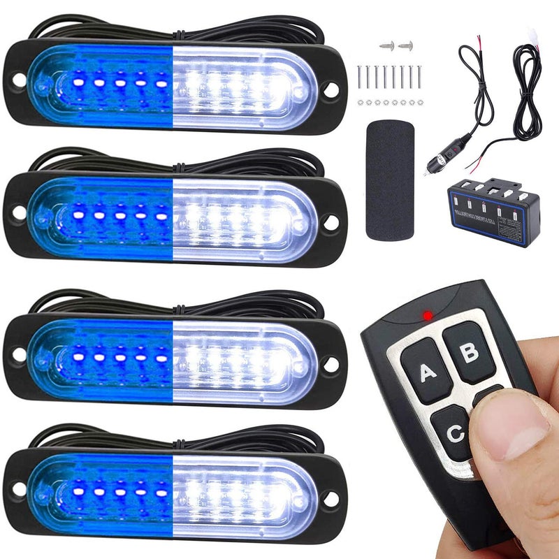 EASE2U E Led Warning Lights, 4pcs Emergency Warning Caution Hazard Construction Ultra Slim Sync Feature Car Truck with Main Control Box Surface Mount (White Blue) - Image 1